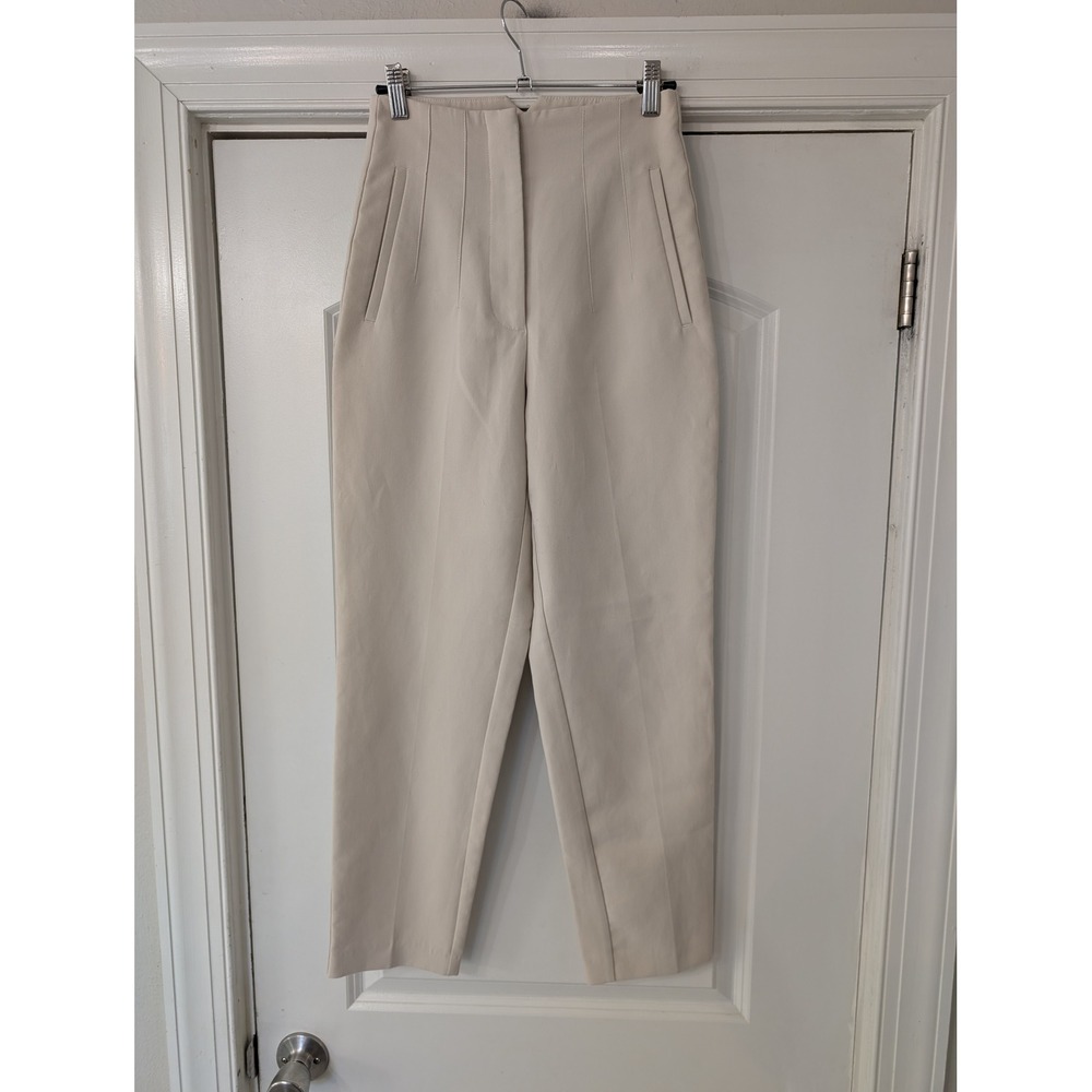 Zara Womens High Waisted Tapered Trousers Cream Size XS office career minimalist